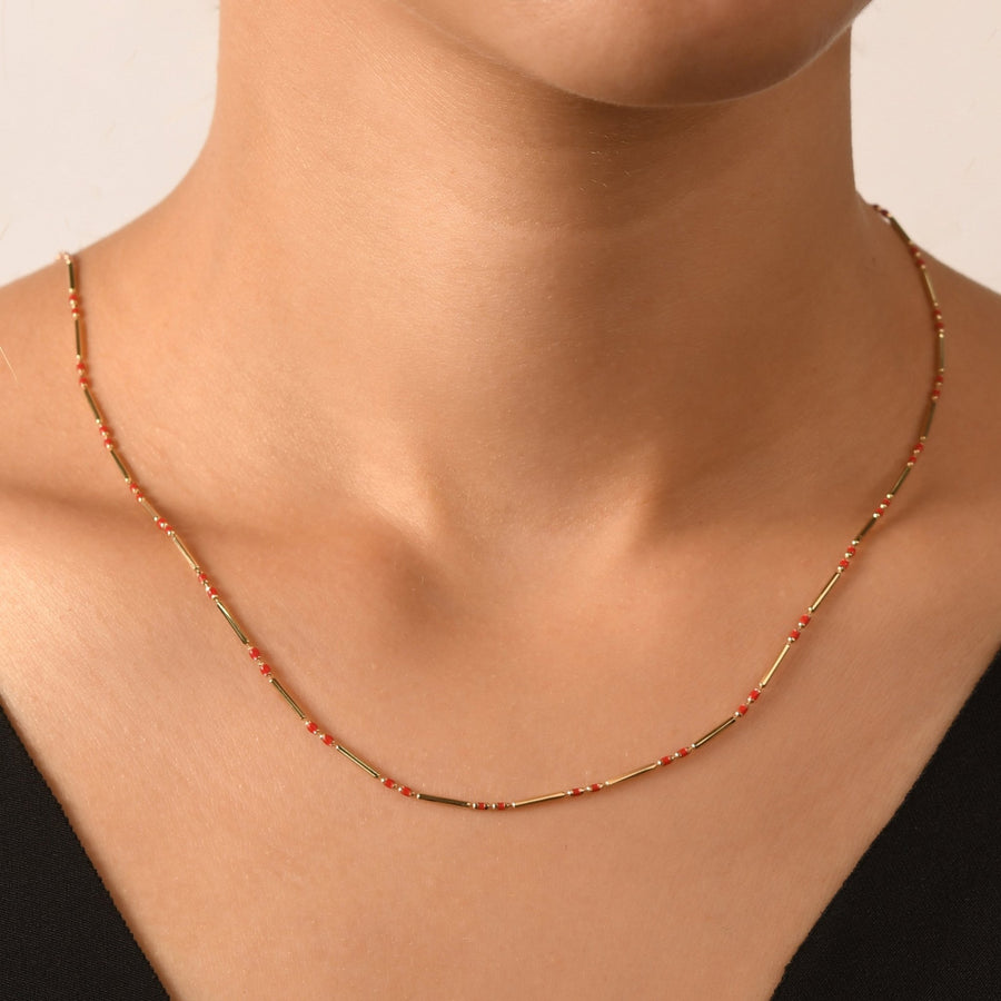 14ct Gold Beaded Necklace with Red/White Gemstones | Minimalist Hallmarked Necklace | Elegant Gift for Her - Kolié