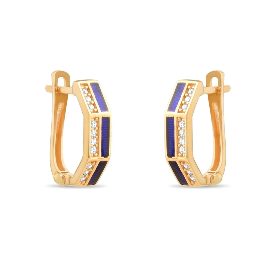 14ct Gold Blue Enamel and Cubic Zirconia Hexagon Hoop Earrings for Women | Geometric Huggie Hoops | Dainty Minimalist Jewellery - Kolié