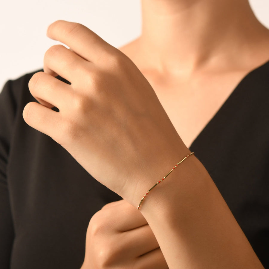 14ct Gold Bracelet with White/Red Gemstones | Minimalist Beaded Bracelet - Kolié