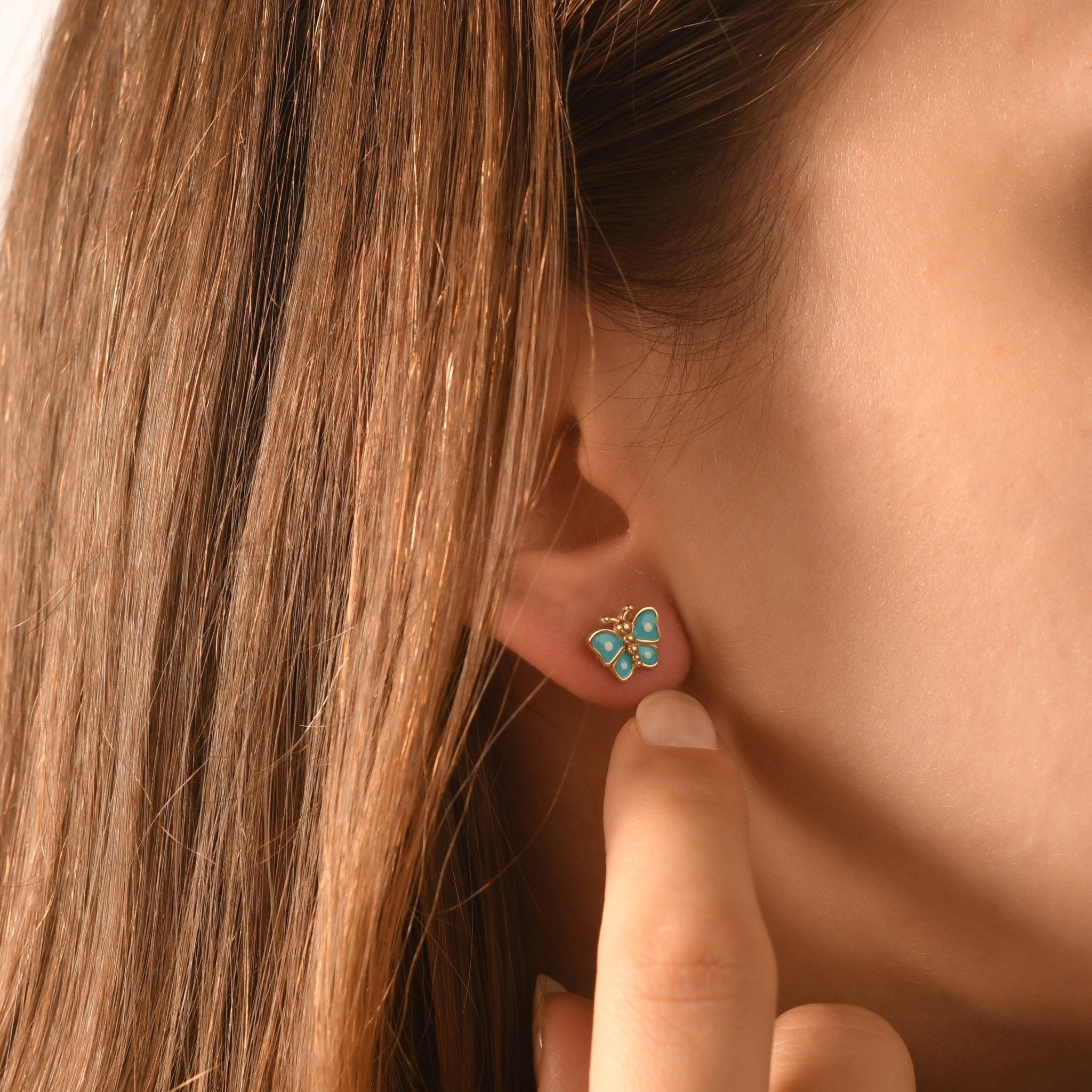 14ct Gold Butterfly Earrings with Blue Enamel – Whimsical Stud Earrings for Children - Kolié