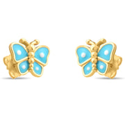 14ct Gold Butterfly Earrings with Blue Enamel – Whimsical Stud Earrings for Children - Kolié