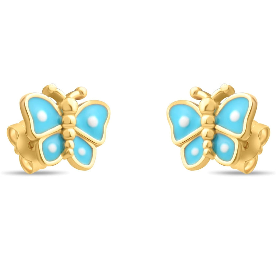 14ct Gold Butterfly Earrings with Blue Enamel – Whimsical Stud Earrings for Children - Kolié
