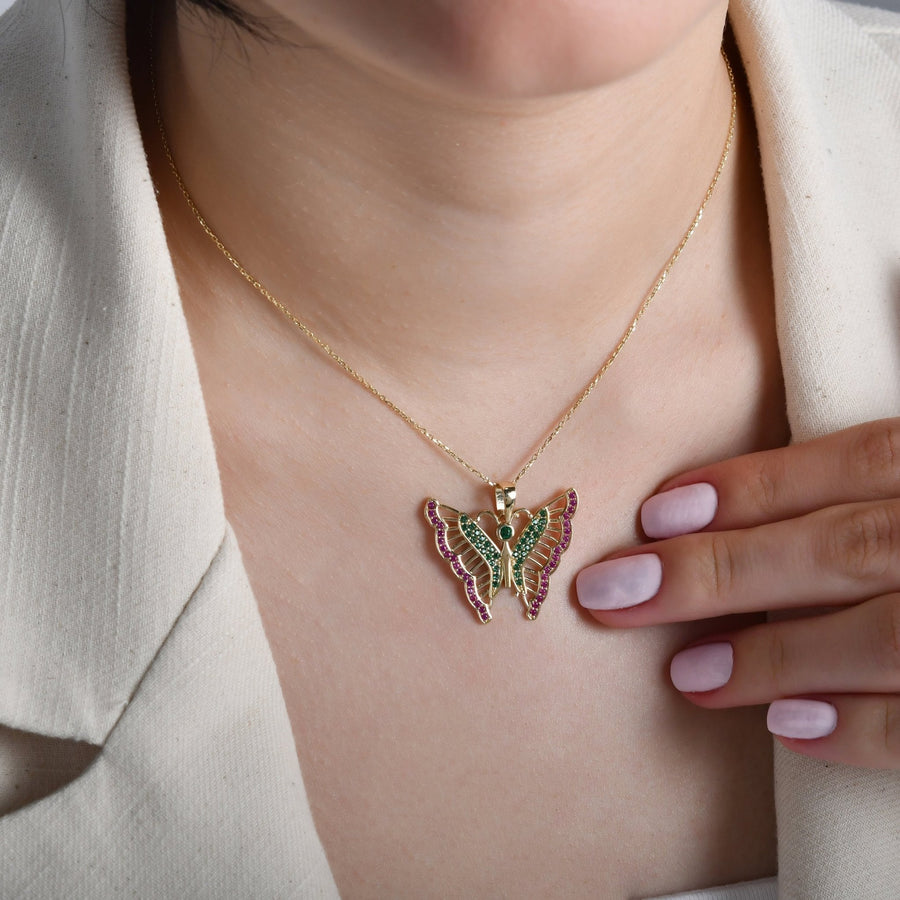 14ct Gold Butterfly Pendant, Multicolour Cubic Zirconia Statement Necklace, Hallmarked Large Gold Pendant Only - Kolié