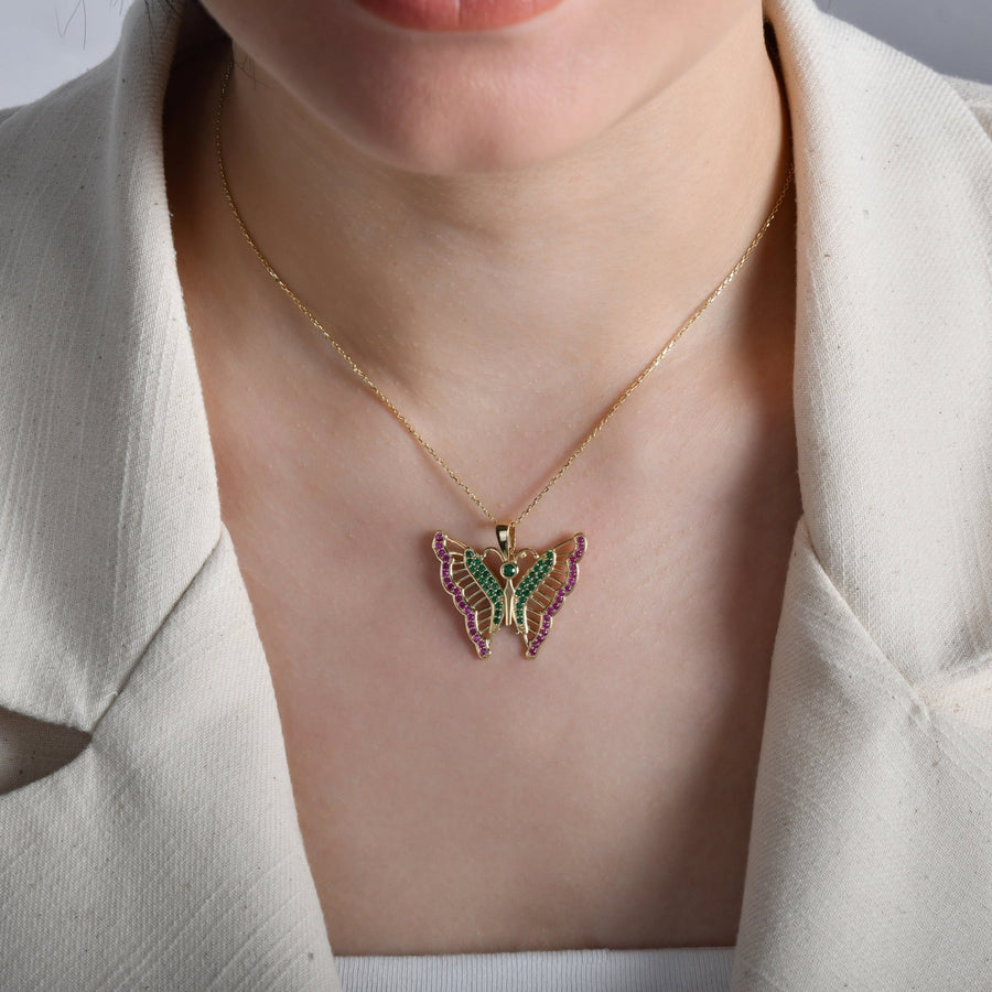 14ct Gold Butterfly Pendant, Multicolour Cubic Zirconia Statement Necklace, Hallmarked Large Gold Pendant Only - Kolié