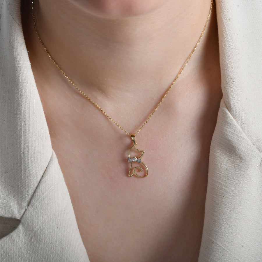 14ct Gold Cat Pendant – Elegant Jewellery for Women, Teens & Kids | White Gold Bow & Cubic Zirconia | Perfect Gift for Christmas, New Year & Birthday - Pendant Only - Kolié