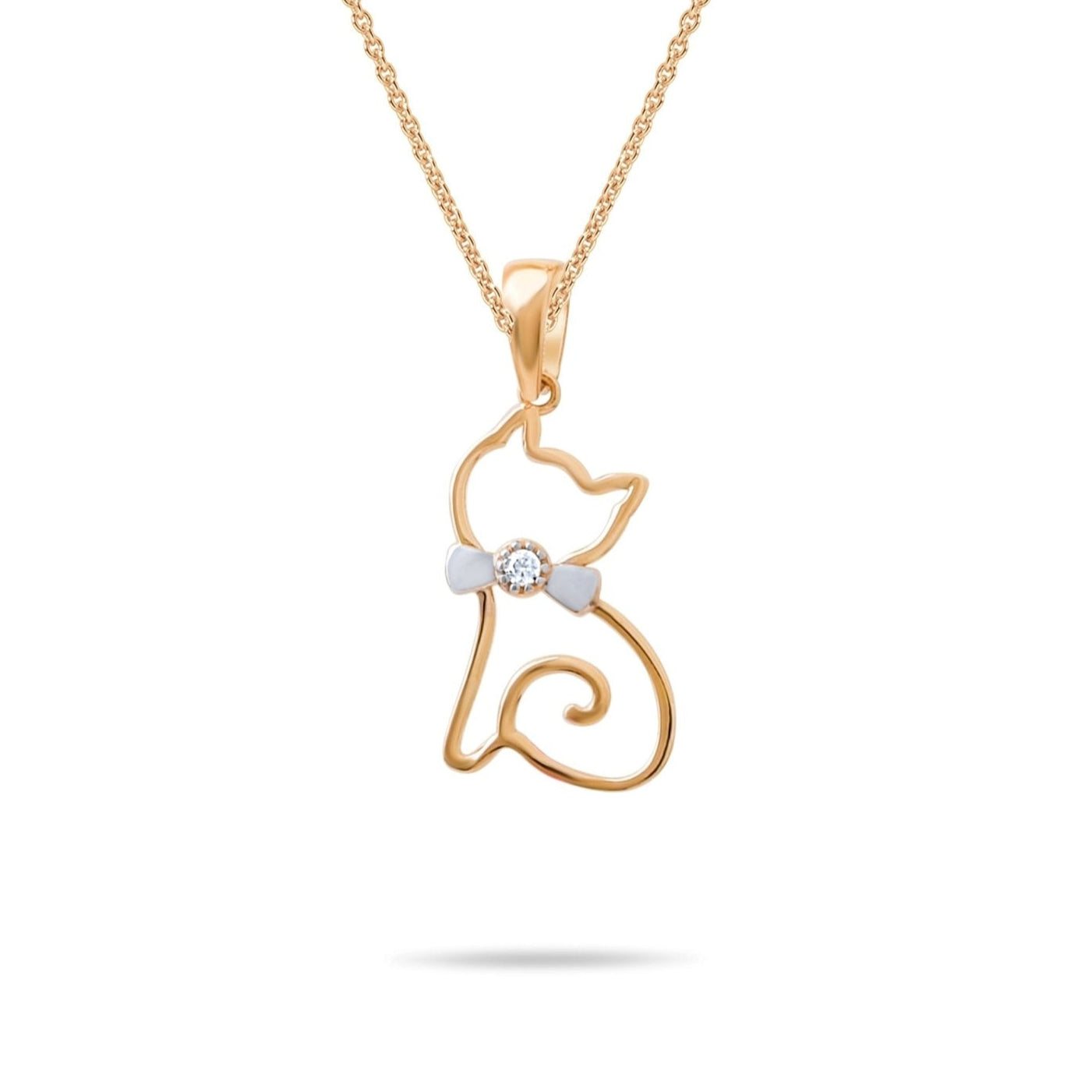 14ct Gold Cat Pendant – Elegant Jewellery for Women, Teens & Kids | White Gold Bow & Cubic Zirconia | Perfect Gift for Christmas, New Year & Birthday - Pendant Only - Kolié