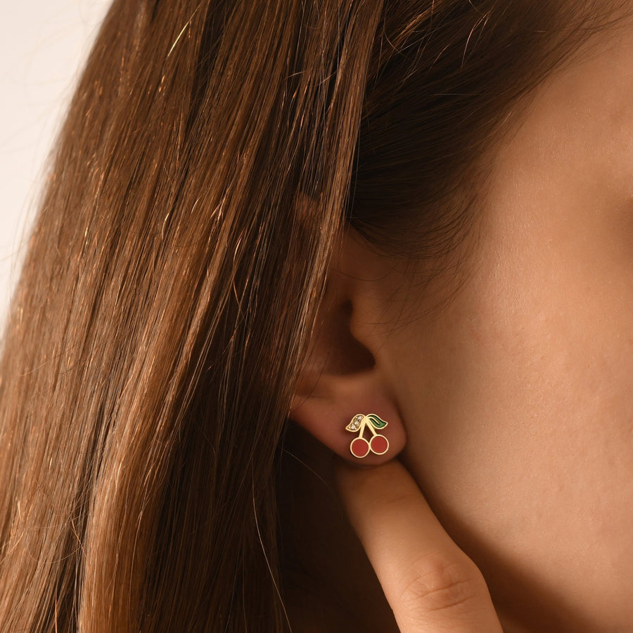 14ct Gold Cherry Earrings with Enamel – Playful Stud Earrings for Children - Kolié