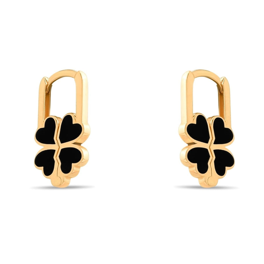 14ct Gold Clover Hoop Earrings with Black Enamel, Lucky Charm Earrings for Women, Elegant Jewellery, Gift for Her - Kolié