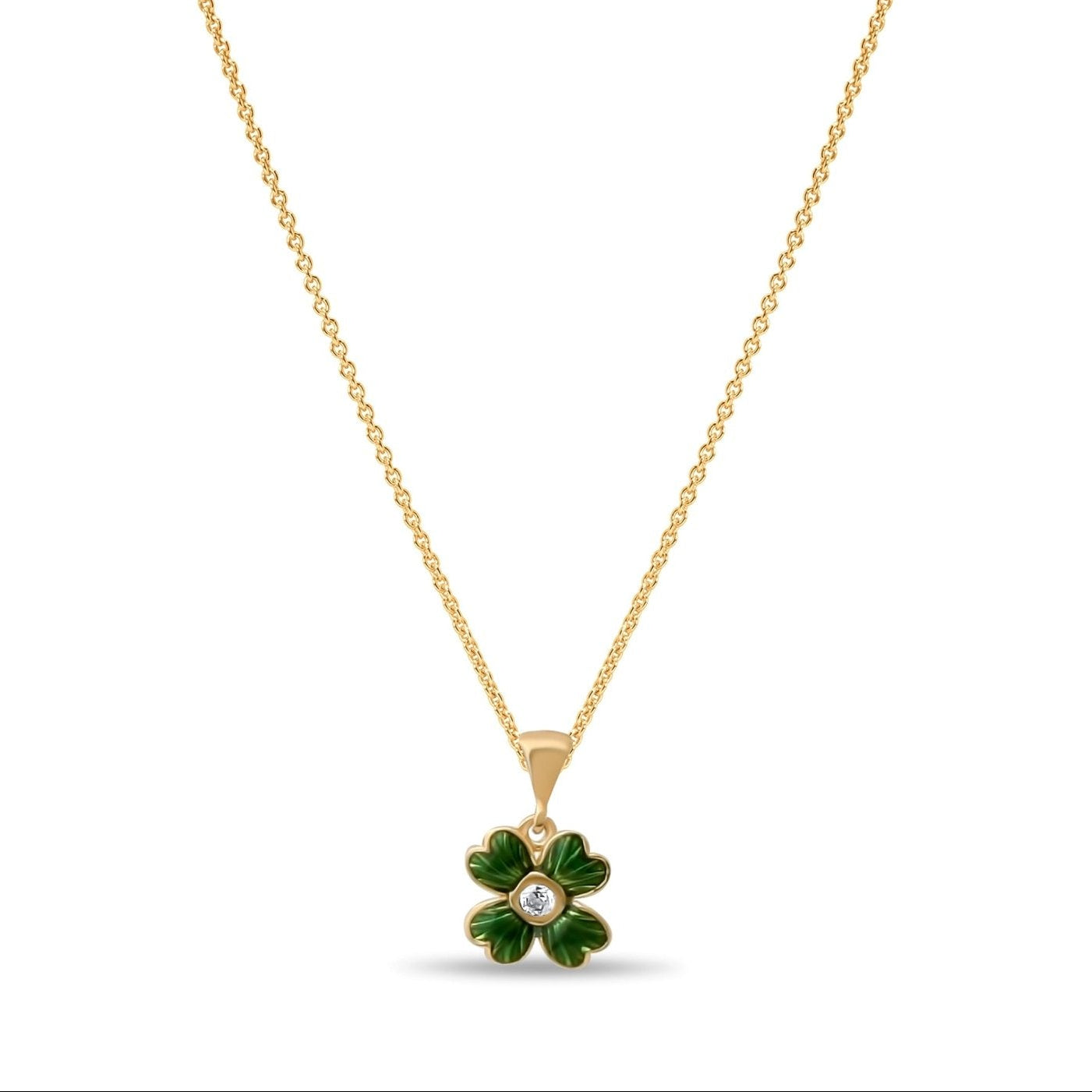 14ct Gold Clover Pendant for women, hangin on a gold chain in front of white background