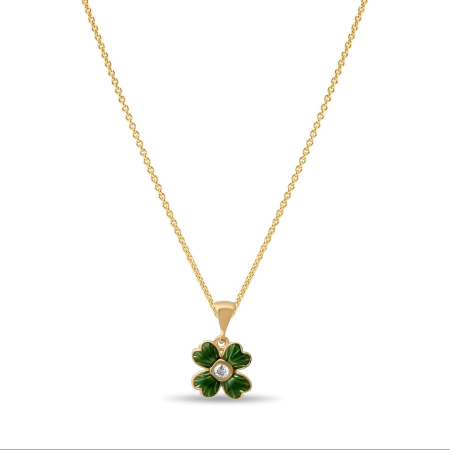 14ct Gold Clover Pendant for women, hangin on a gold chain in front of white background