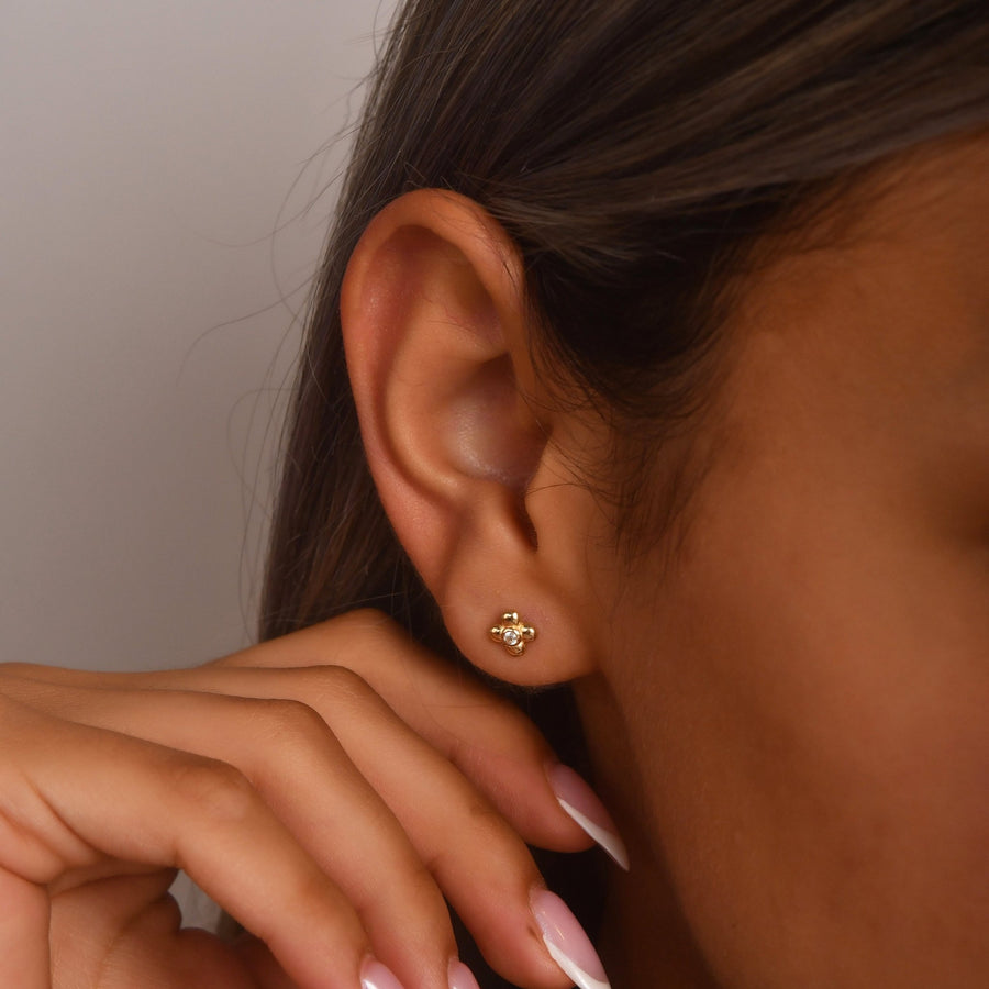 14ct Gold Clover Stud Earrings | Dainty CZ Lucky Studs | Kolié - Kolié Fine Jewellery