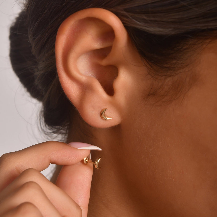 14ct Gold Crescent Moon Stud Earrings | Dainty Lunar Studs | Kolié - Kolié Fine Jewellery