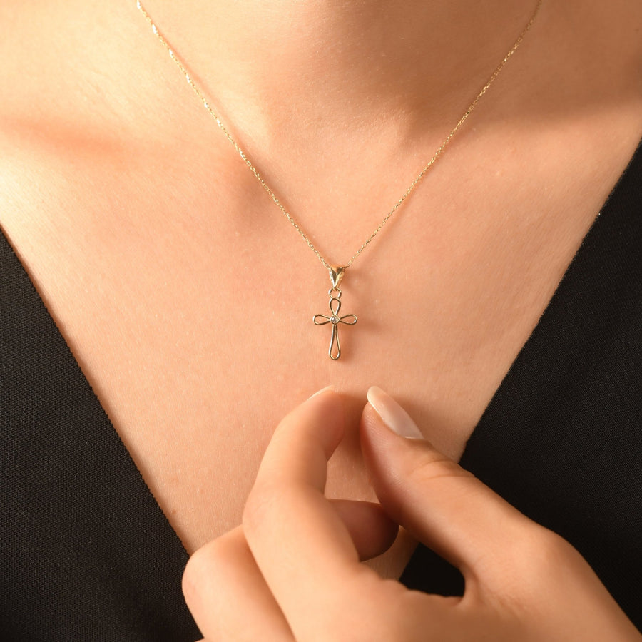 14ct Gold Cross Pendant with Cubic Zirconia – Delicate Religious Necklace - Pendant Only - Kolié