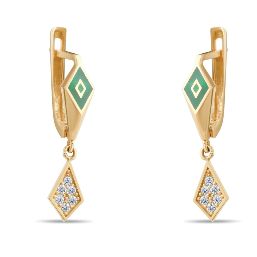 14ct Gold Diamond Drop Earrings with Green Enamel and Cubic Zirconia, Modern Elegant Jewellery for Women, Geometric Statement Earrings, Gift for Her - Kolié