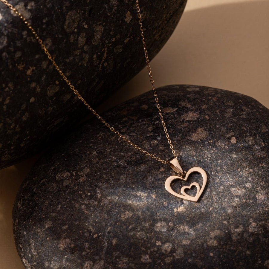14ct Gold Double Heart Pendant • Solid Gold Heart Charm • Minimalist 14ct Gold Pendant • Real Yellow Gold Jewellery • Openwork Love Token Charm - Kolié Fine Jewellery