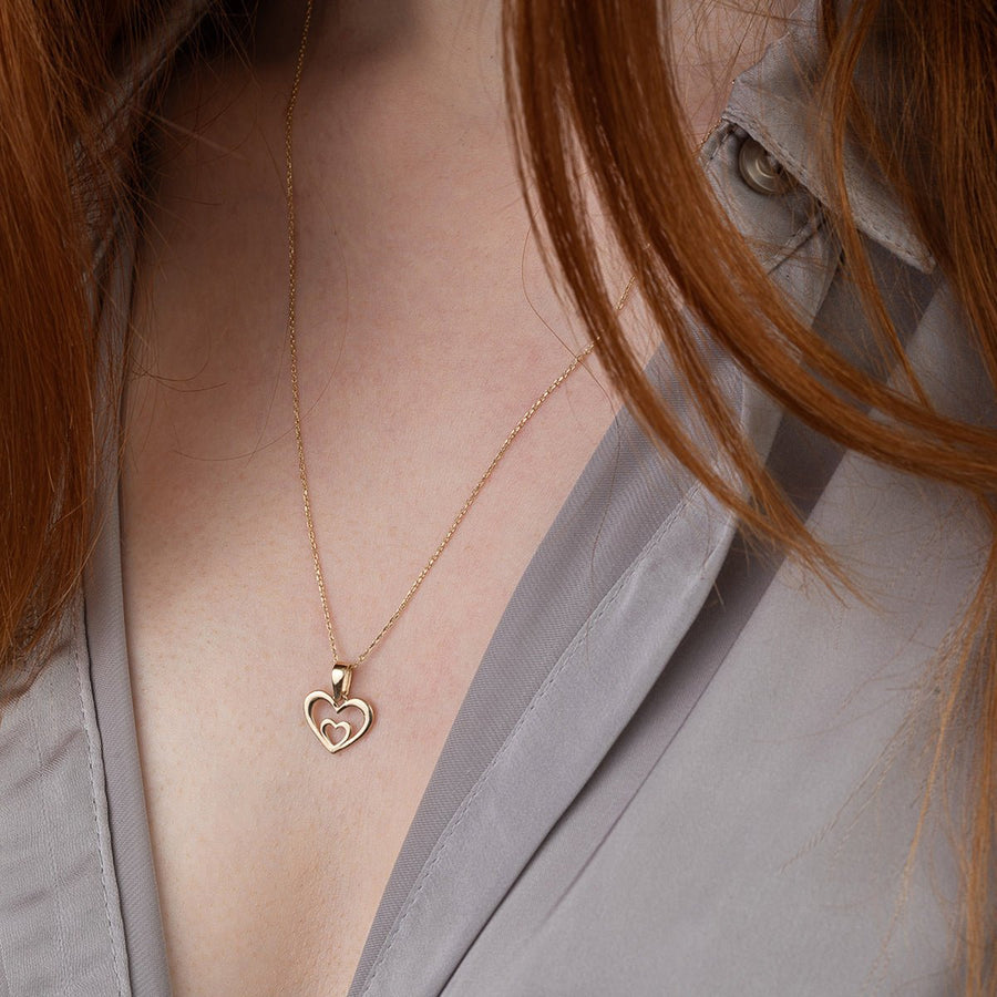 14ct Gold Double Heart Pendant • Solid Gold Heart Charm • Minimalist 14ct Gold Pendant • Real Yellow Gold Jewellery • Openwork Love Token Charm - Kolié Fine Jewellery