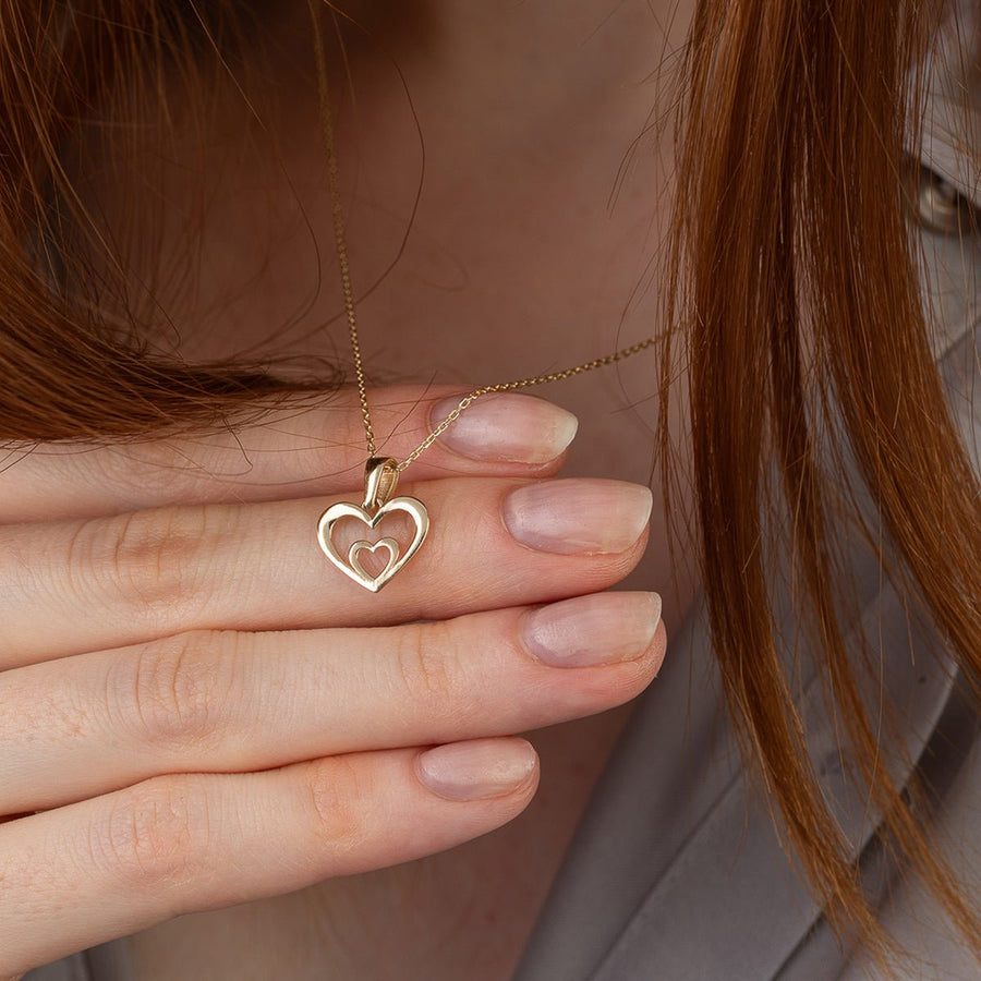 14ct Gold Double Heart Pendant • Solid Gold Heart Charm • Minimalist 14ct Gold Pendant • Real Yellow Gold Jewellery • Openwork Love Token Charm - Kolié Fine Jewellery