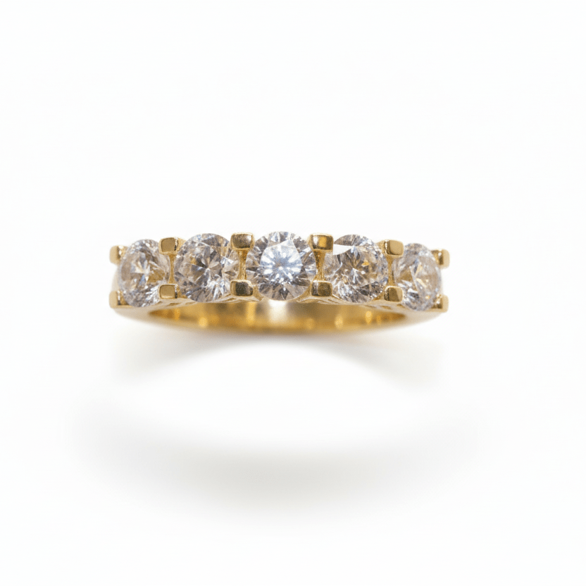 14ct Gold Five Stone Ring | Solid Gold CZ Anniversary Ring | Elegant Women's Band | Hallmarked UK Jewellery | Yellow Gold Statement Ring - Kolié Fine Jewellery
