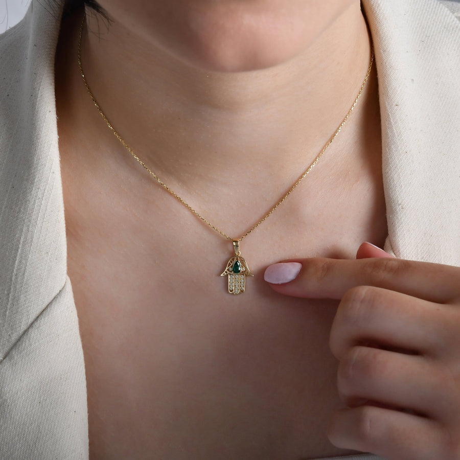14ct Gold Hamsa Hand Pendant – Cubic Zirconia Gemstone Jewellery, Hamsa Charm, Protective Hand Necklace, Gift for Women - Pendant Only - Kolié