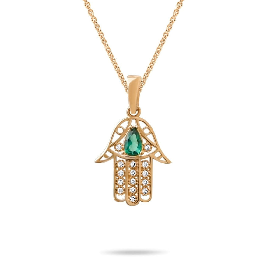 14ct Gold Hamsa Hand Pendant – Cubic Zirconia Gemstone Jewellery, Hamsa Charm, Protective Hand Necklace, Gift for Women - Pendant Only - Kolié