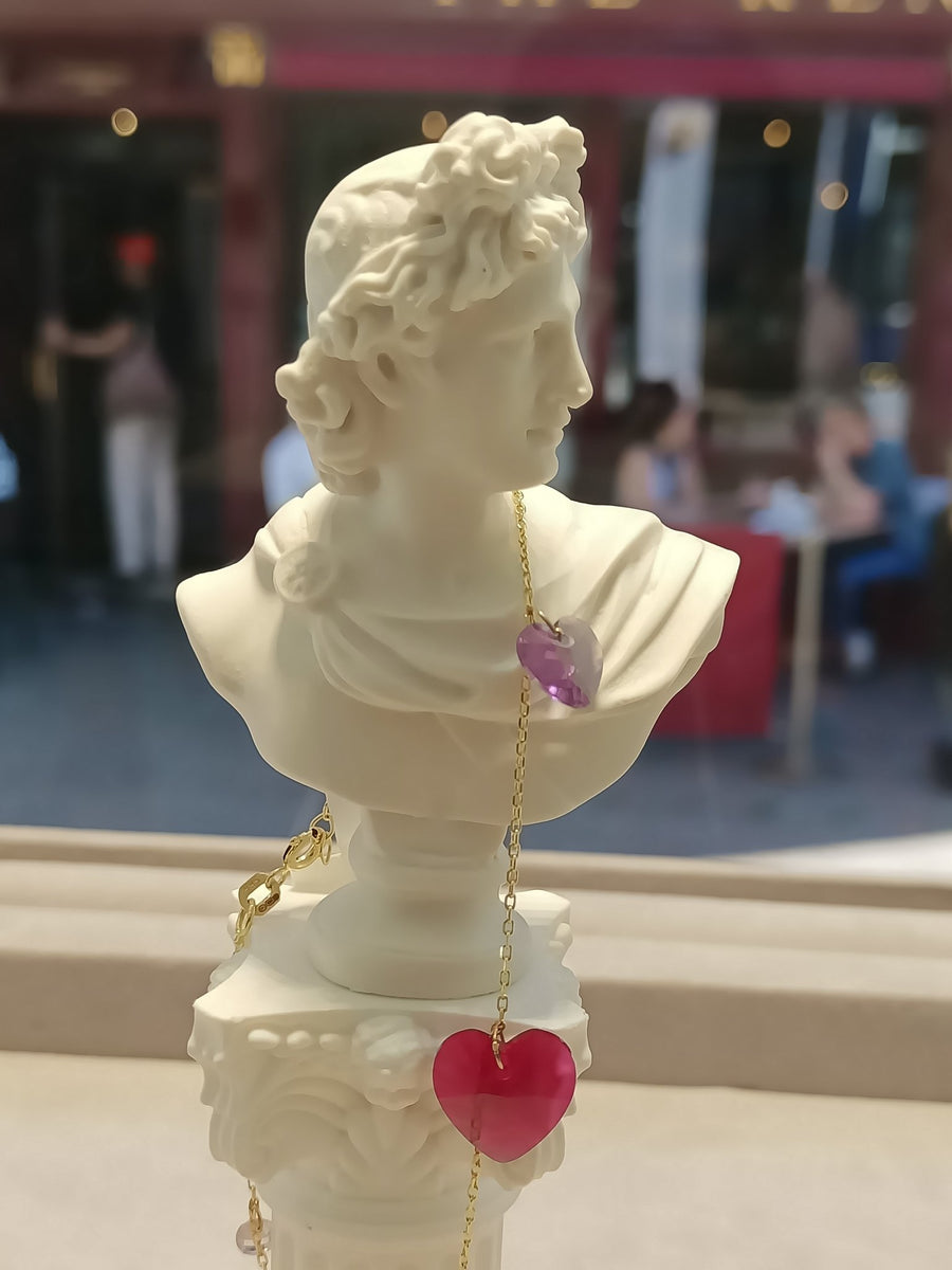 14ct Gold Heart Charm Bracelet, Romantic Ruby and Lavender Design, Hallmarked Luxury Jewellery, Adjustable between 18 and 20 cm - Kolié Fine Jewellery