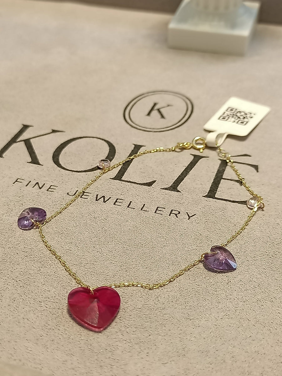14ct Gold Heart Charm Bracelet, Romantic Ruby and Lavender Design, Hallmarked Luxury Jewellery, Adjustable between 18 and 20 cm - Kolié Fine Jewellery