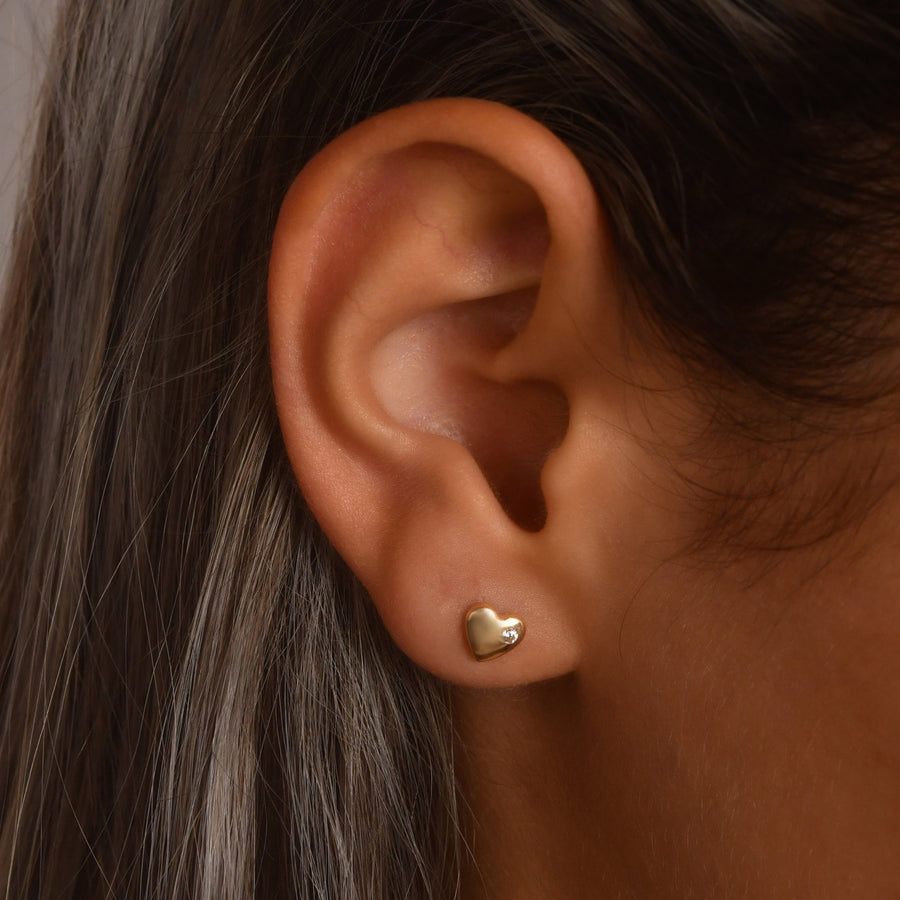 14ct Gold Heart Stud Earrings | Dainty Cubic Zirconia Heart Studs | Kolié - Kolié Fine Jewellery