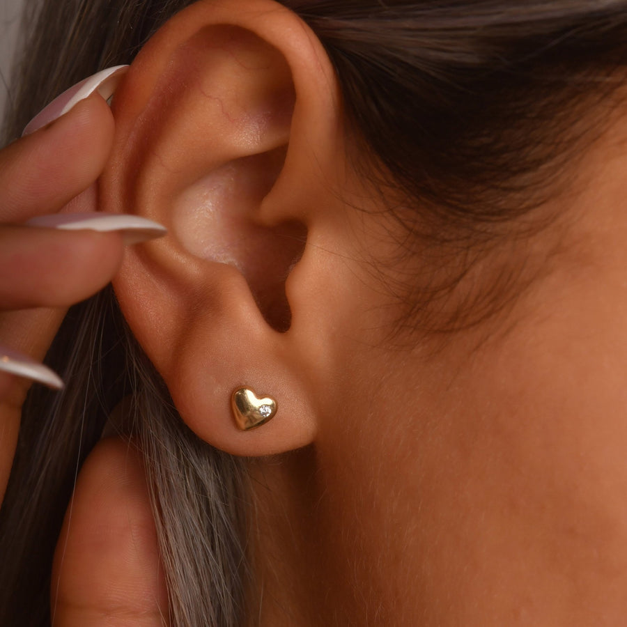 14ct Gold Heart Stud Earrings | Dainty Cubic Zirconia Heart Studs | Kolié - Kolié Fine Jewellery