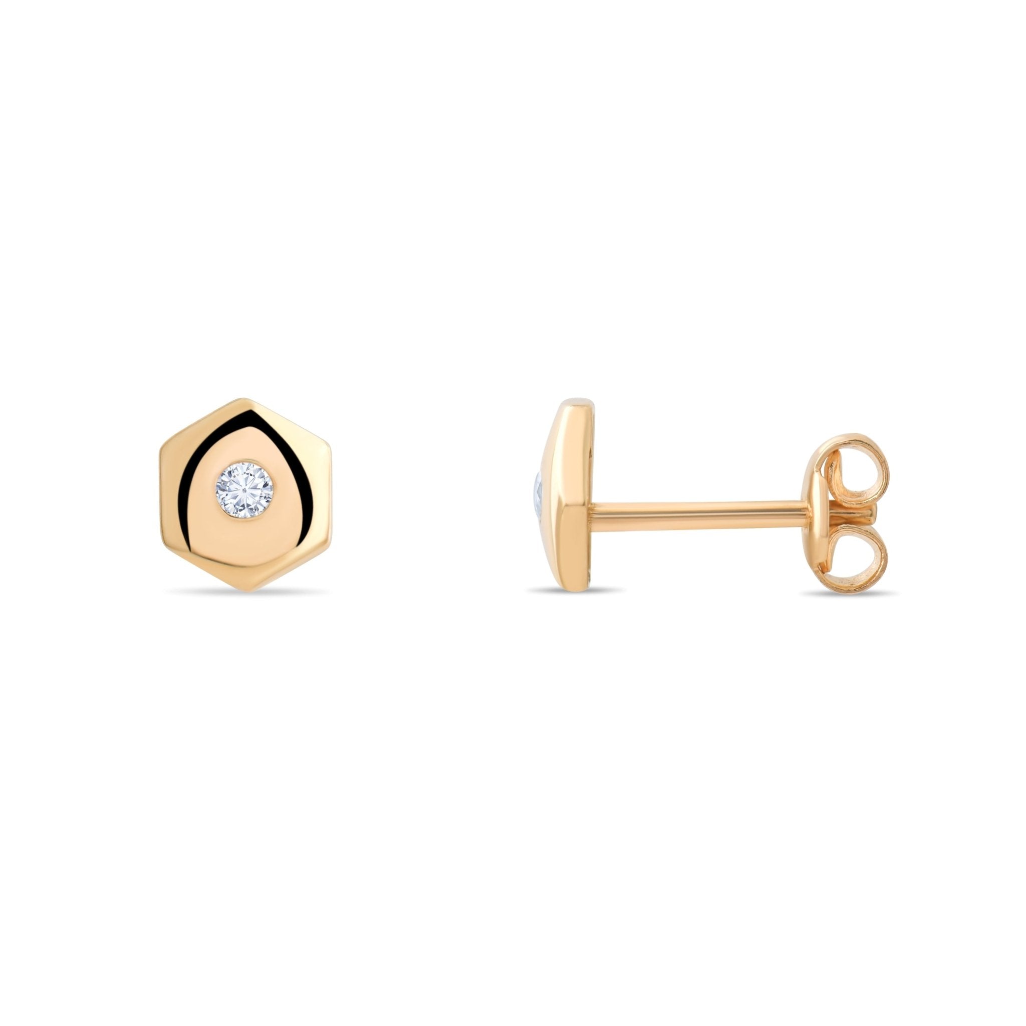 14ct Gold Hexagon Stud Earrings | Dainty Cubic Zirconia Geometric Studs | Kolié - Kolié Fine Jewellery
