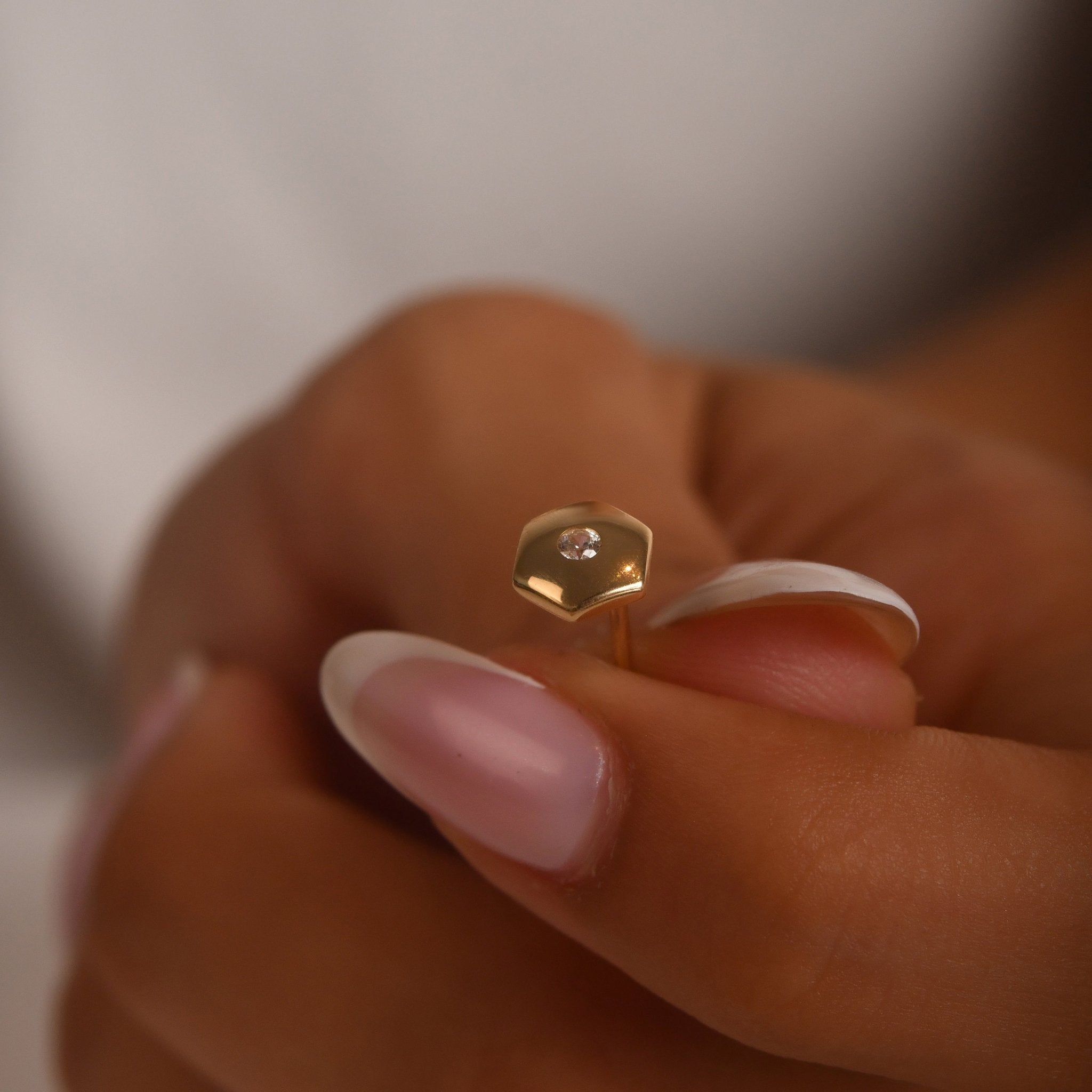 14ct Gold Hexagon Stud Earrings | Dainty Cubic Zirconia Geometric Studs | Kolié - Kolié Fine Jewellery
