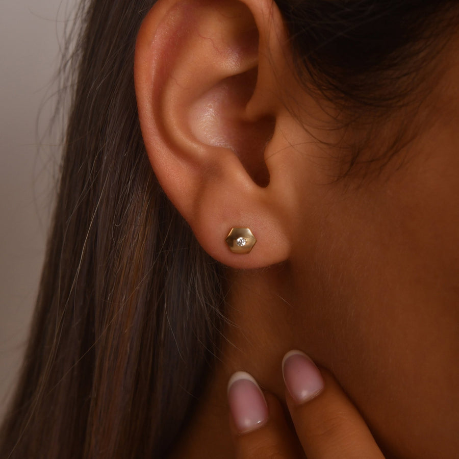 14ct Gold Hexagon Stud Earrings | Dainty Cubic Zirconia Geometric Studs | Kolié - Kolié Fine Jewellery