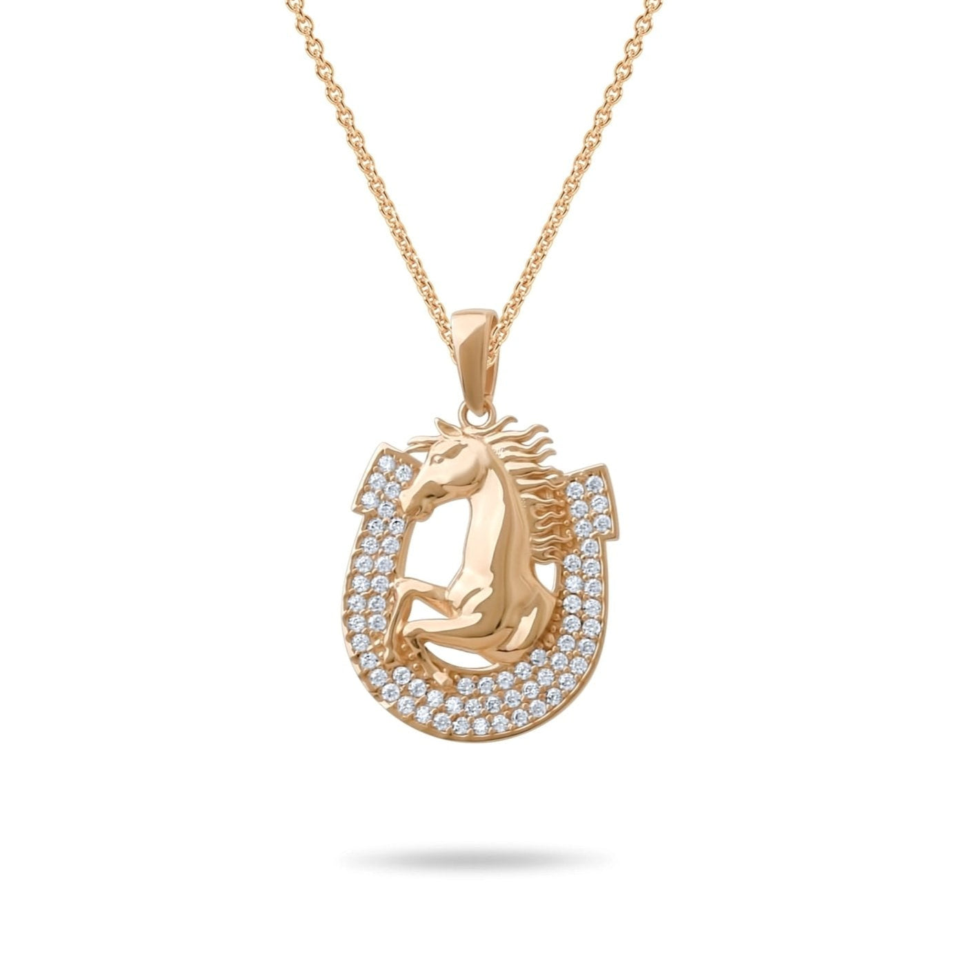 14ct Gold Horse and Horseshoe Pendant, Pavé Cubic Zirconia Statement Necklace, Hallmarked Luxury Jewellery - Pendant Only - Kolié