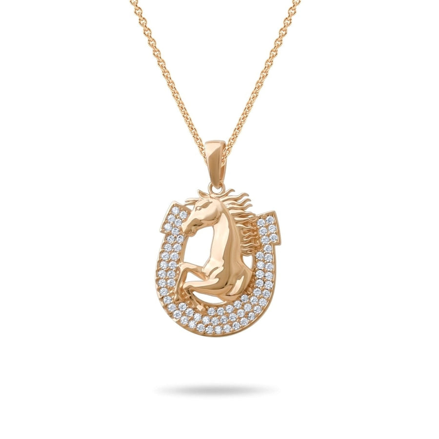 14ct Gold Horse and Horseshoe Pendant, Pavé Cubic Zirconia Statement Necklace, Hallmarked Luxury Jewellery - Pendant Only - Kolié