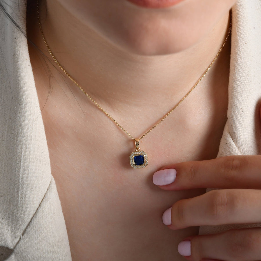 14ct Gold Octagon Pendant Necklace, Sapphire Blue CZ Charm, Hallmarked Gold Statement Pendant Only - Kolié