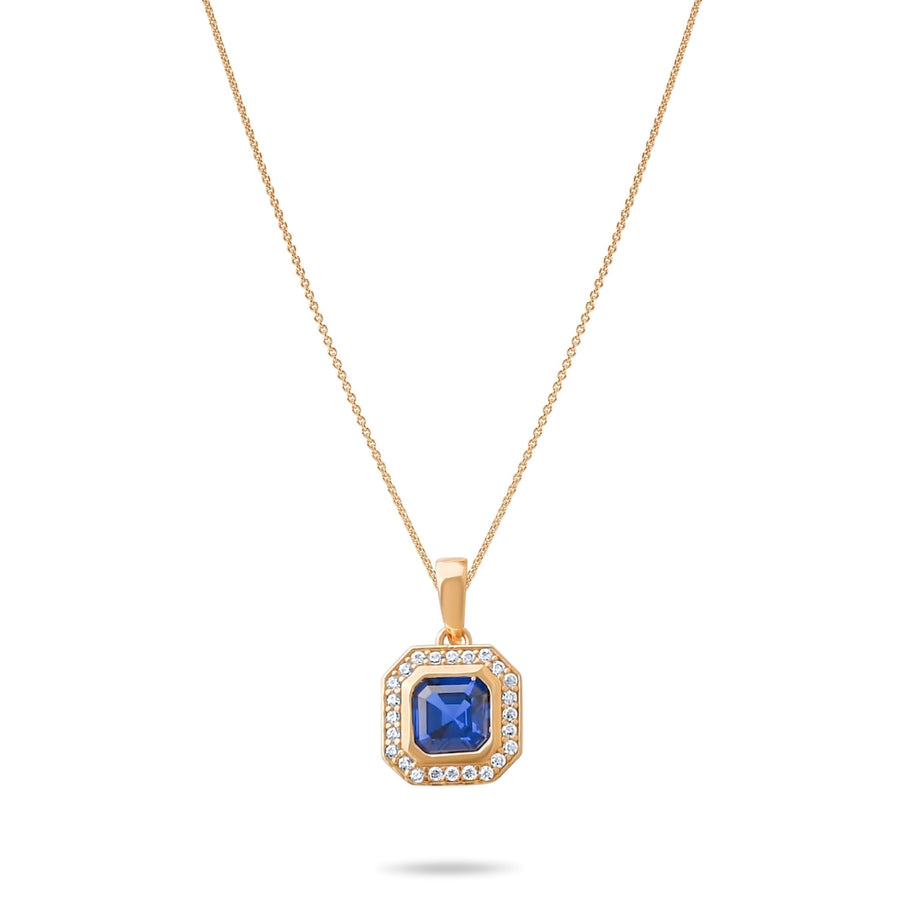 14ct Gold Octagon Pendant Necklace, Sapphire Blue CZ Charm, Hallmarked Gold Statement Pendant Only - Kolié