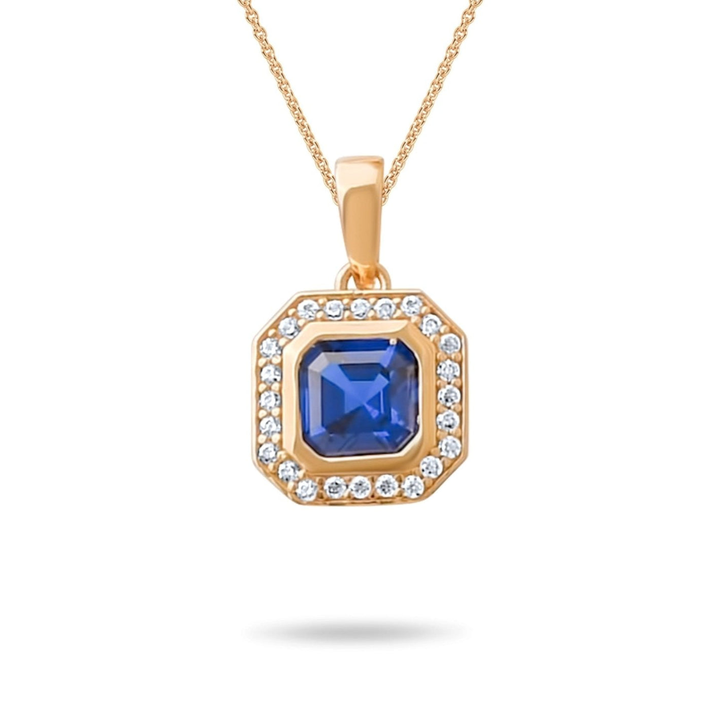 14ct Gold Octagon Pendant Necklace, Sapphire Blue CZ Charm, Hallmarked Gold Statement Pendant Only - Kolié