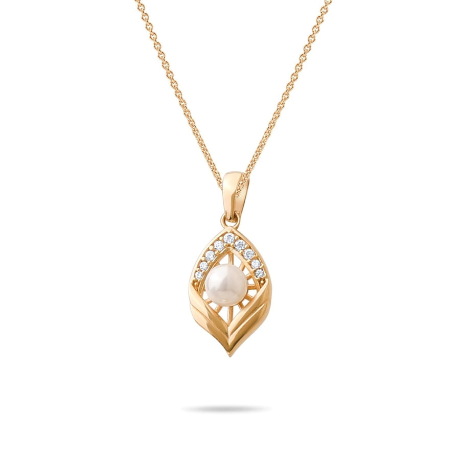 14ct Gold Pearl Leaf Pendant, Cubic Zirconia Accents, June Birthstone Necklace - Kolié