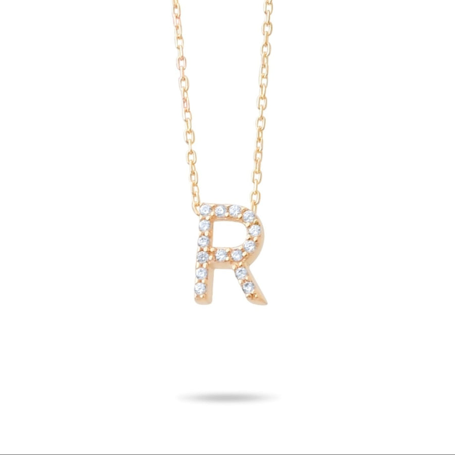 14ct Gold R Initial Necklace, Cubic Zirconia Personalised Pendant, Alphabet Letter Jewellery, Hallmarked - Kolié