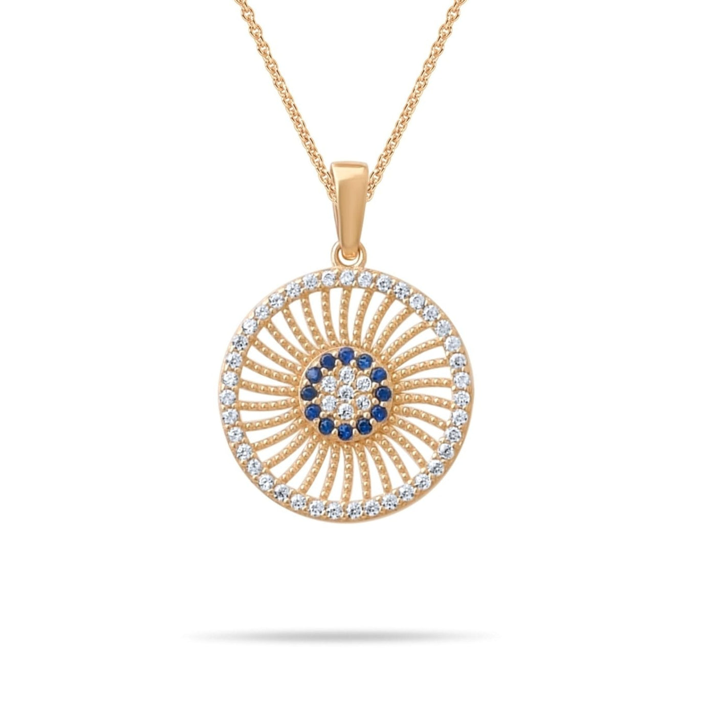 14ct Gold Round Protection Eye Pendant – Sparkling Cubic Zirconia Jewellery, Blue and White Charm, Gift for Women - Kolié