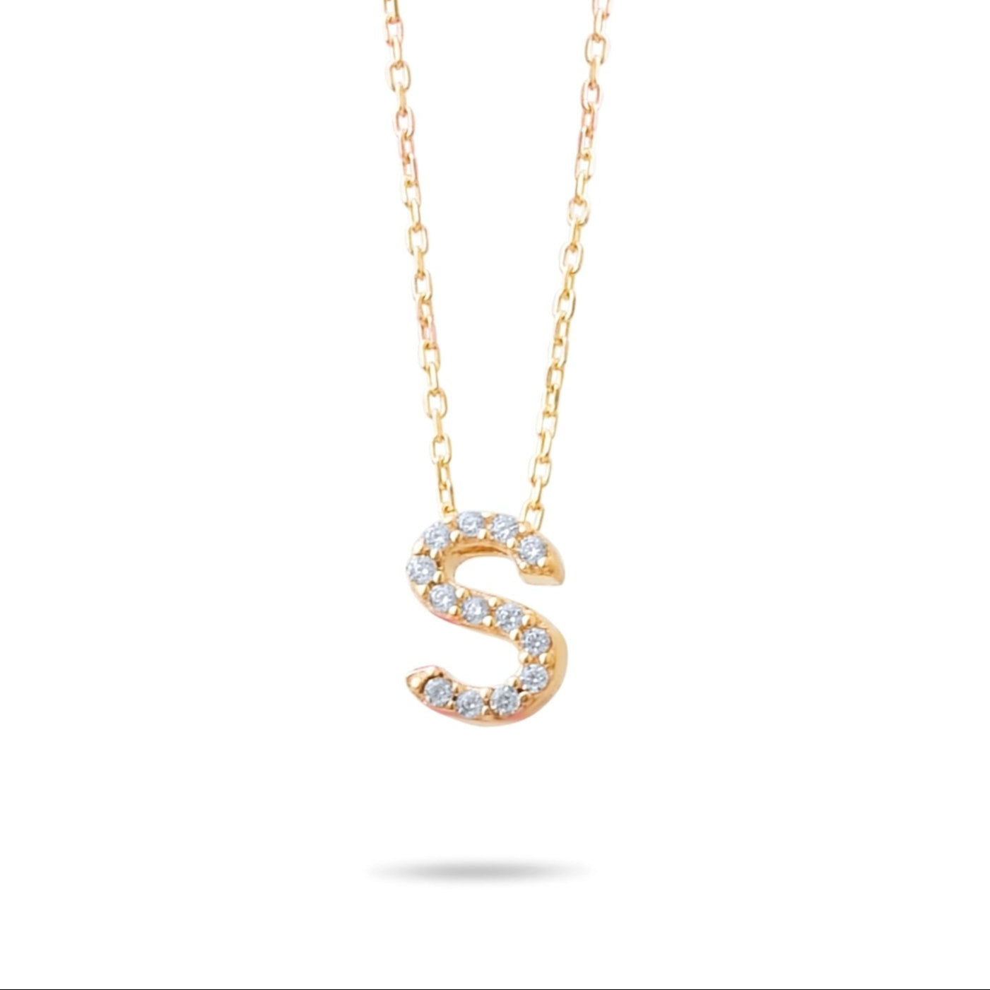 14ct Gold S Initial Necklace, Cubic Zirconia Personalised Pendant, Alphabet Letter Jewellery, Hallmarked - Kolié
