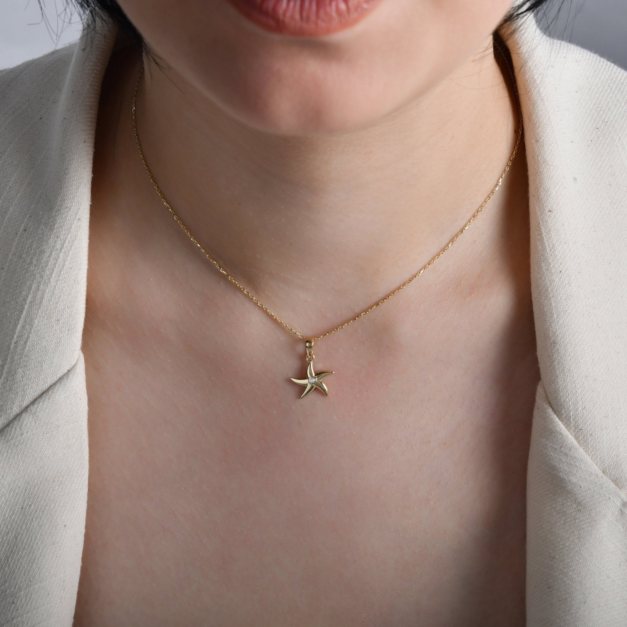 14ct Gold Starfish Pendant with Cubic Zirconia – Nautical Jewellery - Pendant Only - Kolié