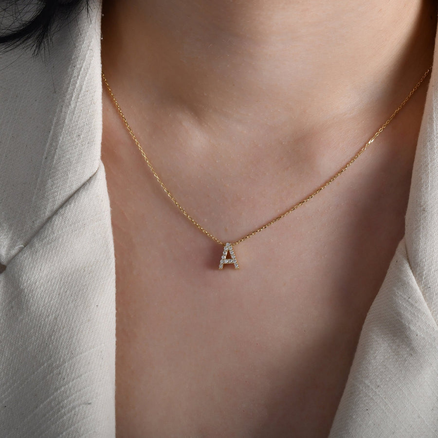 14ct Gold T Initial Necklace, Cubic Zirconia Personalised Pendant, Alphabet Letter Jewellery, Hallmarked - Kolié
