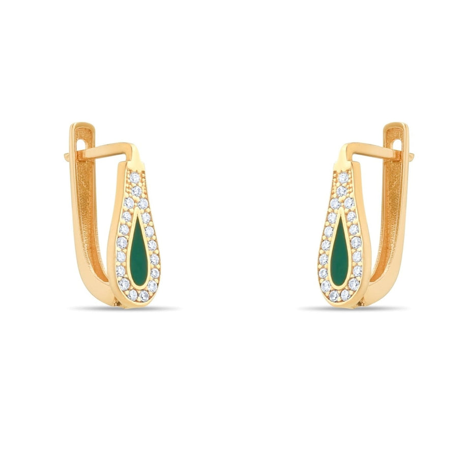 14ct Gold Teardrop Earrings with Cubic Zirconia and Green Enamel, Elegant Dangle Earrings for Women, Gift for Her - Kolié
