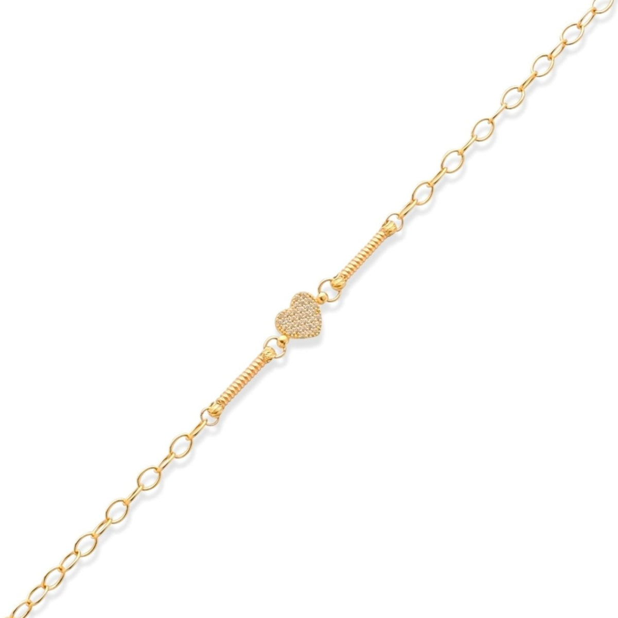 14ct Solid Gold Pave Heart Charm Bracelet with Clear Cubic Zirconia for Women - Kolié