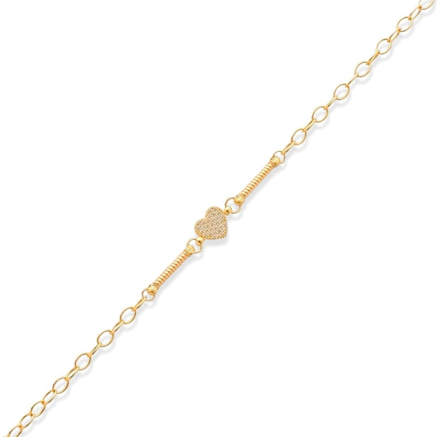 14ct Solid Gold Pave Heart Charm Bracelet with Clear Cubic Zirconia for Women - Kolié