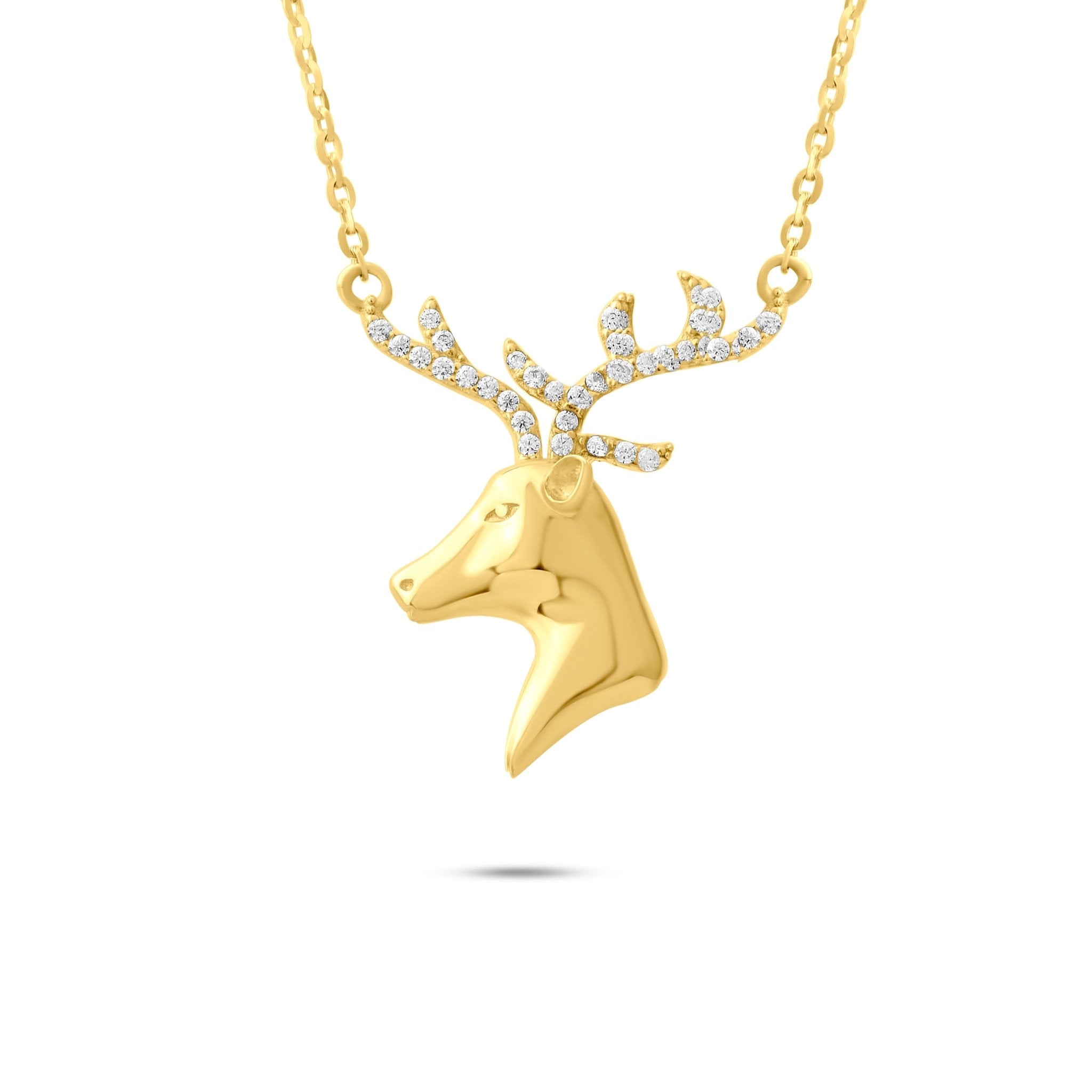 14ct Yellow Gold Diamond Cut Stag Necklace with Cubic Zirconia Antlers (42cm) - Kolié Fine Jewellery