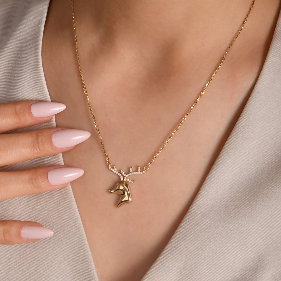 14ct Yellow Gold Diamond Cut Stag Necklace with Cubic Zirconia Antlers (42cm) - Kolié Fine Jewellery
