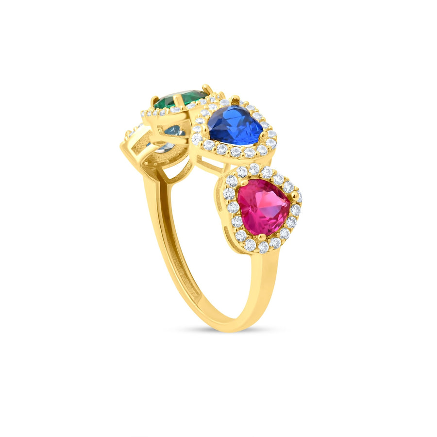 14ct Yellow Gold Multi - Coloured Heart Halo Ring - Kolié Fine Jewellery