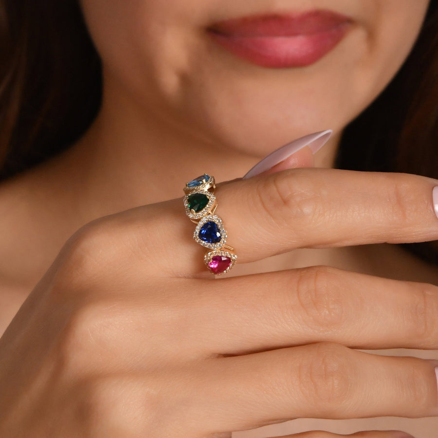 14ct Yellow Gold Multi - Coloured Heart Halo Ring - Kolié Fine Jewellery