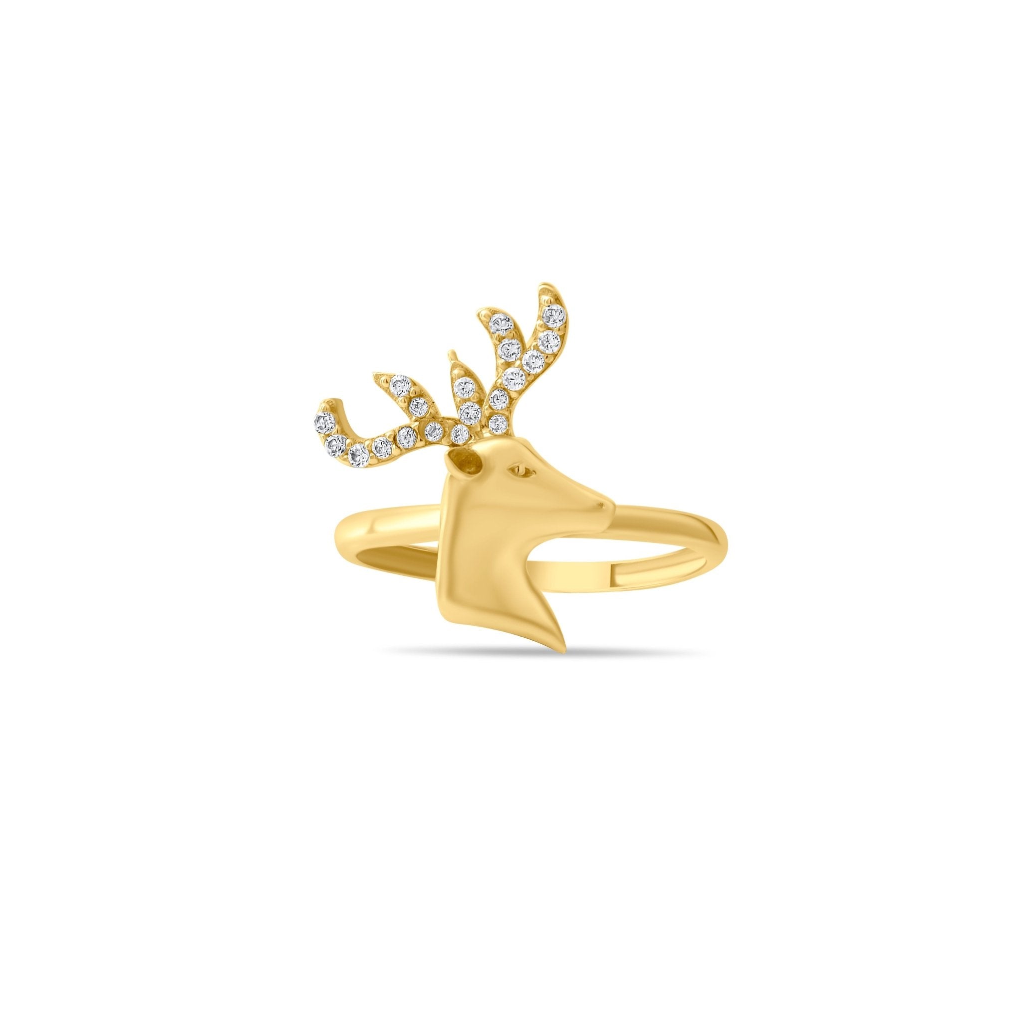 14ct Yellow Gold Stag Ring with Cubic Zirconia Antlers - Size O - Kolié Fine Jewellery